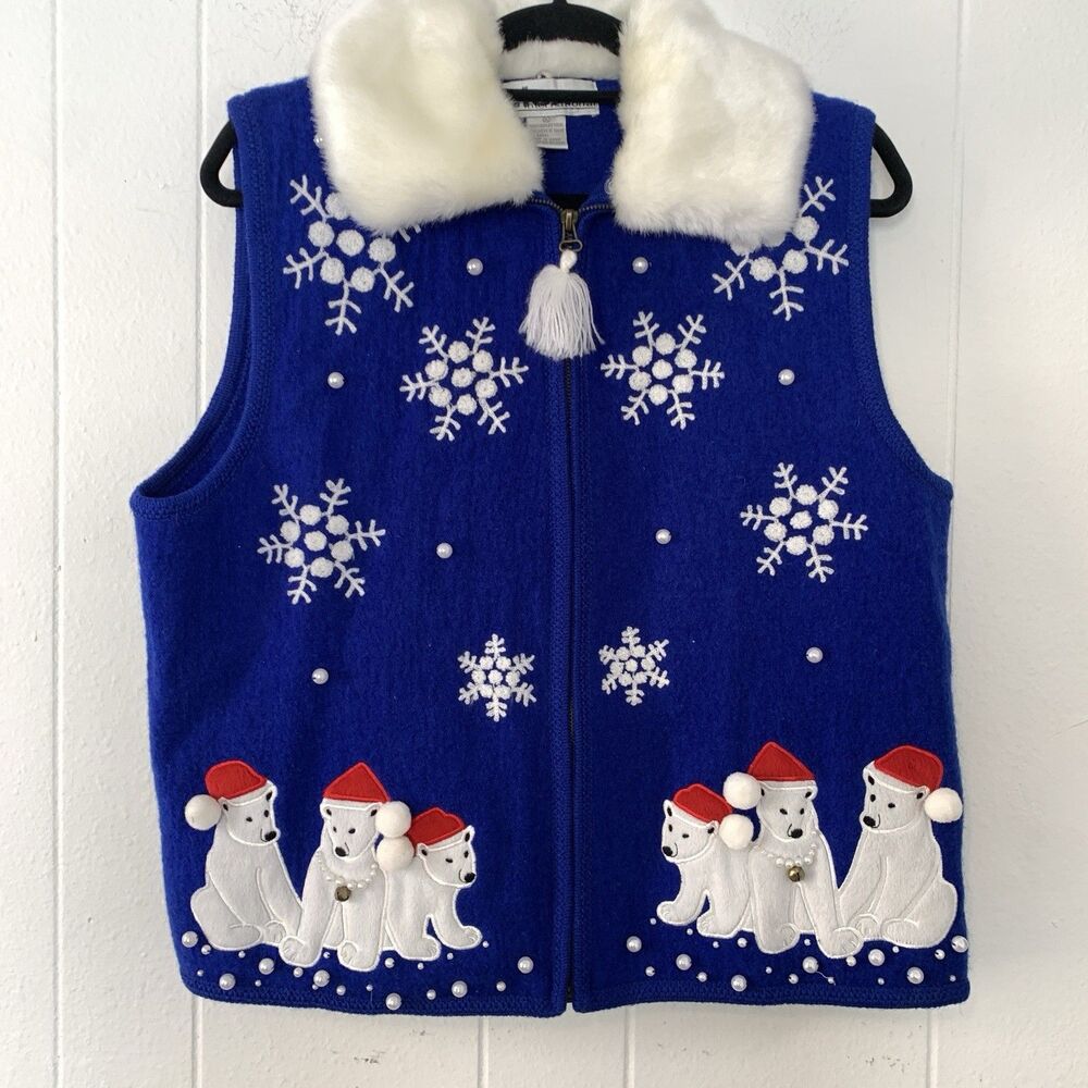 Vtg Lisa International Womens XL Sweater Vest 100% Wool Snowflakes Polar Bear‎
